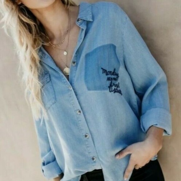 New Denim Chambray Embroidered Button Front Shirt - Picture 4 of 8